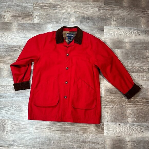 Lands'End Leather Collar Red Plaid Lined Barn Coat | Men's Size Tall L (42-44) - Picture 2 of 12